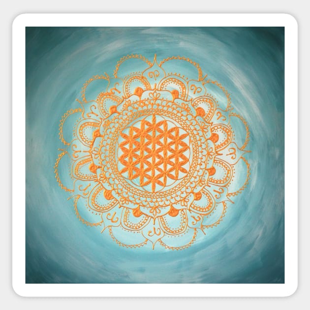 Flower of life mandala "Ocean" gold on turquoise Sticker by monchie